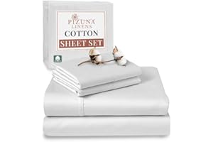 Pizuna Pure 100% Cotton Sheets Queen Size, Luxurious 400 Thread Count Long Staple Cotton Sateen Sheets Queen with 15" Deep Pocket (Combed White Cotton Sheets Queen)