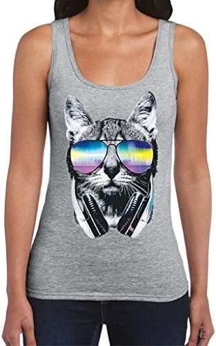 Raxo Women's Cat Sunglasses Headphones Tank Top Music Party Animal Lover Tank