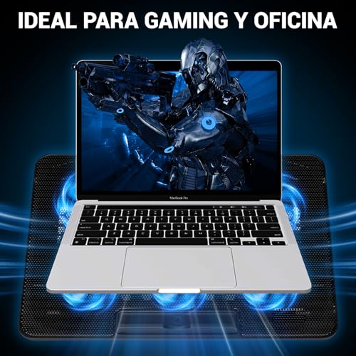 JDF3CISH Ventilador para Laptop y Base Enfriadora con 6 Ventiladores Silenciosos, Soporte Ajustable para Laptop Gamer 12-17.3", Cooling Pad con 5 Alturas, Soporte para Celular y Dual USB