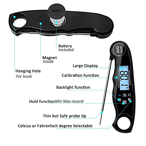 Digital Meat Thermometer, Waterproof Fast Instant Read Thermometer with Calibration and Backlight functions, Cooking Thermometer for Food, Candy, Milk, Tea, BBQ Grill Smoker (Upgraded)