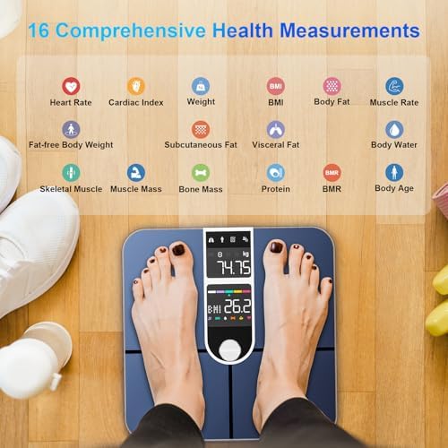 Personenwaage, angeschlossen, Bluetooth, mit 2 VA-Bildschirmen und ITO-Beschichtungstechnologie, 16 Körperdaten mit Herzfrequenz, App, für Android und iOS 180 kg/400 lb, silberfarben