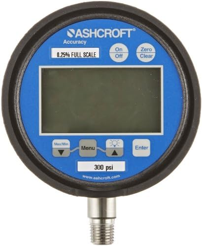 Ashcroft Type 2074 Stainless Steel Case Dry Filled Digital Pressure Gauge, Stainless Steel Socket and Sensor, Backlite, Black Protective Rubber Boot, Protective Front Cover, 3" Dial Size, 1/4" NPT Lower Connection, 0/300 psi Pressure Range