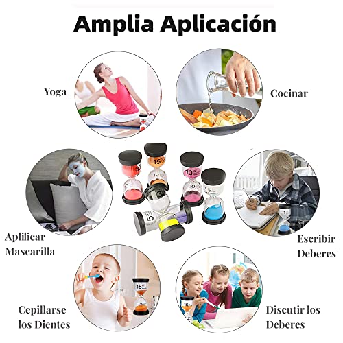 Reloj de Arena de 6 Piezas, Temporizador de Arena para Niños 1/3/5/10/15/30 Minutos para Cocinar, Hornear, Juego, Ejercicio, Temporizador de Reloj de Arena para Decoración de la Oficina en el Hogar