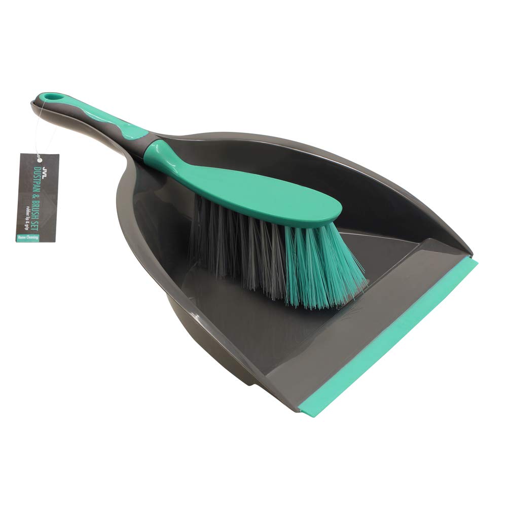 JVL 20-039GY Rubber Grip Dustpan and Bristle Brush Set, Grey/Turquoise