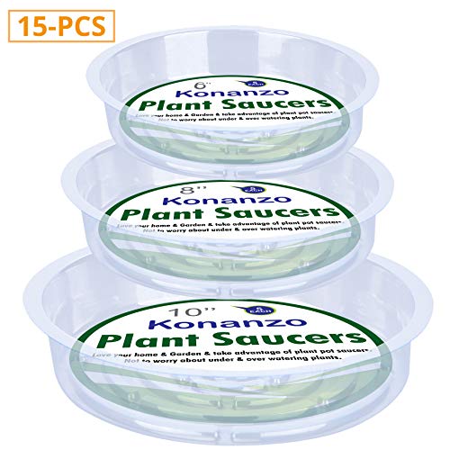 Konanzo Plant Saucer 15 Pack of Clear Plastic Saucers Drip Trays in Assorted Sizes (6 inch/8inch/10inch) Flower Pot Tray for Indoors & Outdoor Plants or Planter pots.