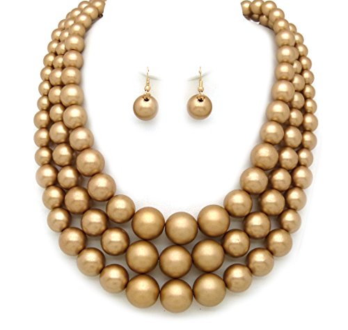 Women's Three Multi-Strand Simulated Pearl Statement Necklace and Earrings Set (Matte Gold)