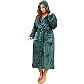 RONGTAI Women's Plus Size Fleece Robe Soft Thermal Bathrobe with Pockets and Belt,Solid Color Hooded Collar Robe(Green,3X)