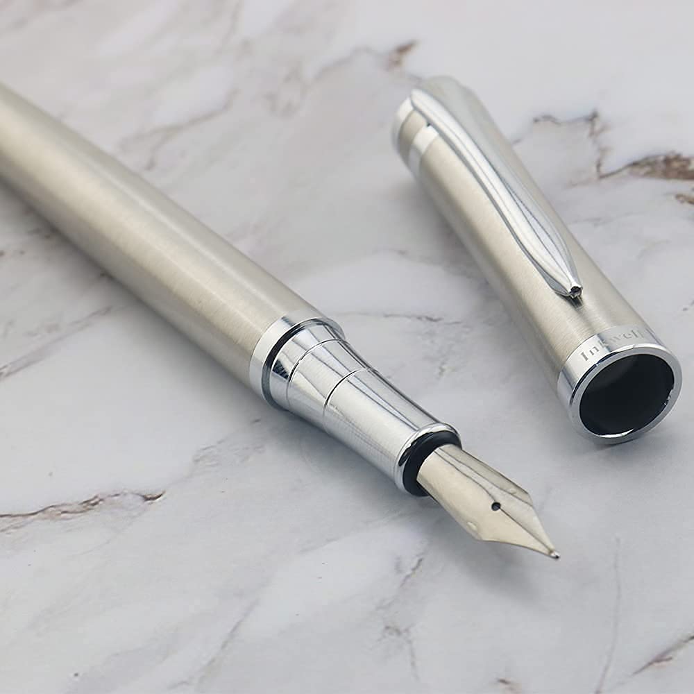 Inkwell Fountain Pen Set, Medium Nib, Includes 4 Ink Cartridges and Ink Refill Converter, Gift Case, Journaling, Calligraphy, Smooth Writing Pens, Perfect for Men and Women (Silver/Silver)