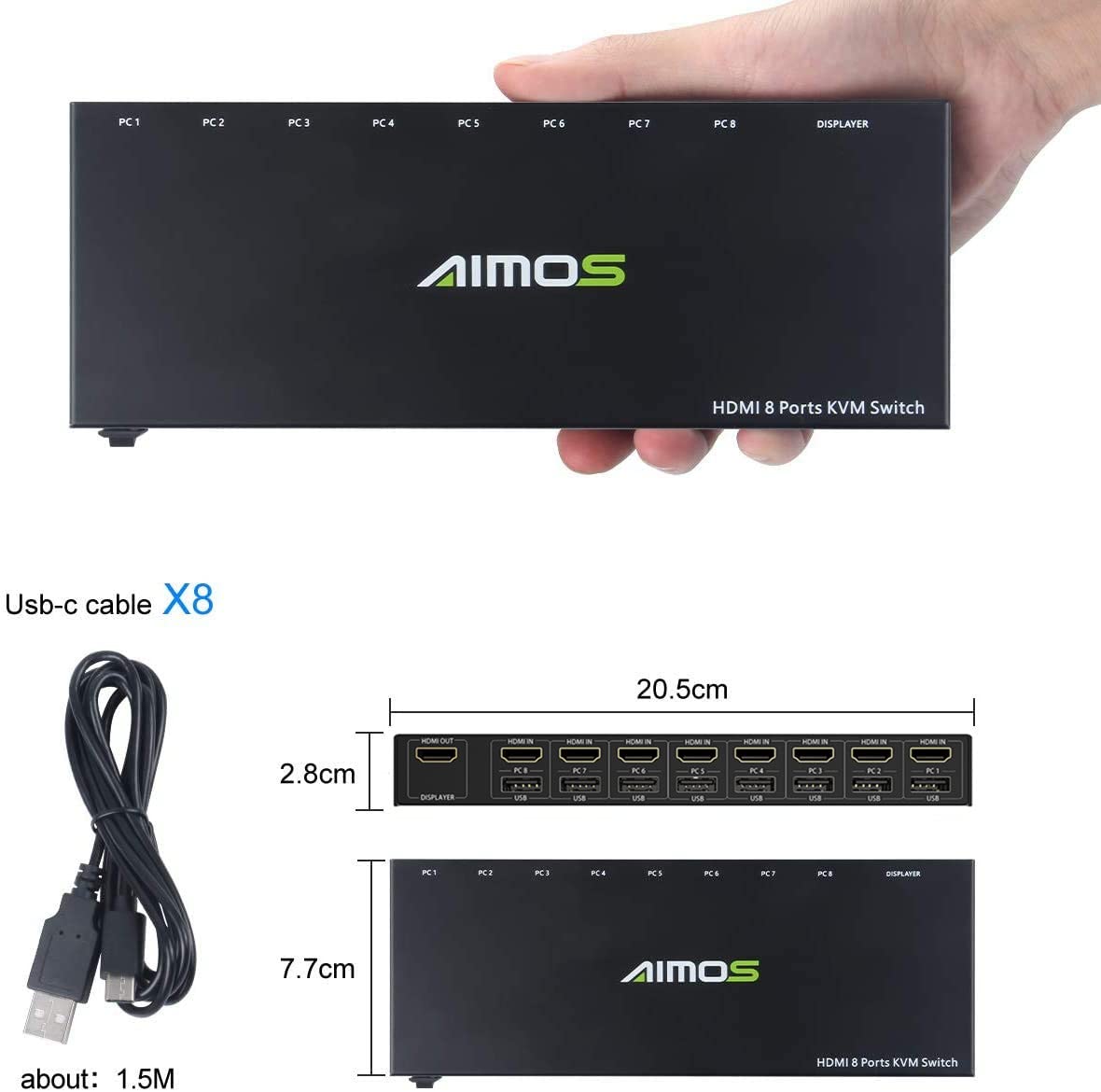 HDMI KVM Switch, 8 in 1 Out USB 2.0 HDMI KVM Switcher Box Support 4K@30Hz for 8 PC Share Keyboard and Mouse, Compatible with Windows/Linux/Mac System etc