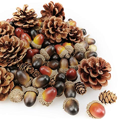 HANGNUO 140PCS Natural Pine Cones and Artificial Acorns for Crafts Ornaments Fall Thanksgiving Christmas Vase Filler Farm House Decoration