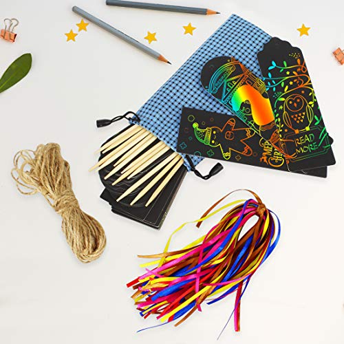 JINSEY Scratch Bookmarks Scratch Rainbow Paper Art Bookmarks 60 Pieces Scratch Paper DIY Bookmarks , with Wooden Styluses and Colorful Rope, Twine, Storage Bags