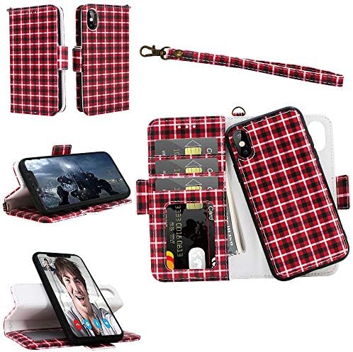 iPhone X Xs Wallet Detachable Case with Wrist Strap, Magnetic Closure, Card Slot, Kickstand - Samgg Luxury Flip Folio Leather Case with Tempered Glass for 5.8 inch iPhone X/iPhone Xs (Lattice #2)