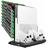 DRZERUI Vertical Stand with Cooling Fan Compatible with Xbox One S, Dual Controller Charging Station with Game Discs Storage Tower Mounts for Xbox One Slim Console