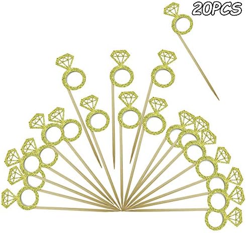 Gold Glitter Diamond Ring Cupcake Toppers for Women Engagement Bridal Shower Bachelorette Birthday Party Elegant Cake Topper Wedding Ring Cupcake Picks Pack of 20