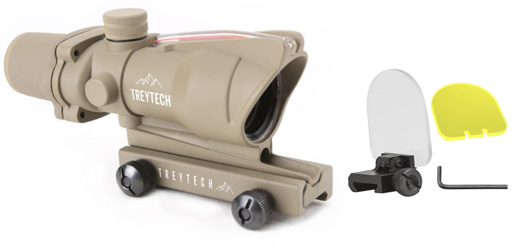 TREYTECH 4x32 Airsoft ACOG Scope Red Chevron Fiber Optics Scope (TAN) with Lens Protector