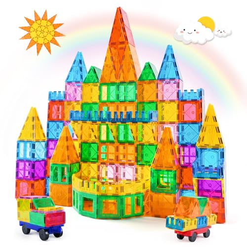 Katiago Magnetic Constructions, 100 Pieces Magnetic Blocks for Children from 3 4 5 6 Years, Strong Magnetic Construction with 2 Cars Perfect Gift for Boys and Girls of 3 4 5 6 7 8 Years Old