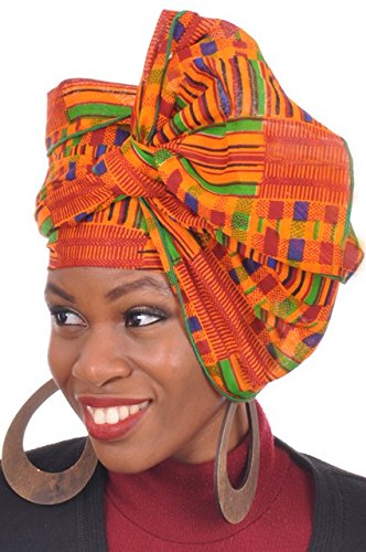 Dupsie's Kente African Print Head wrap with Green Trim One Size Multicolor