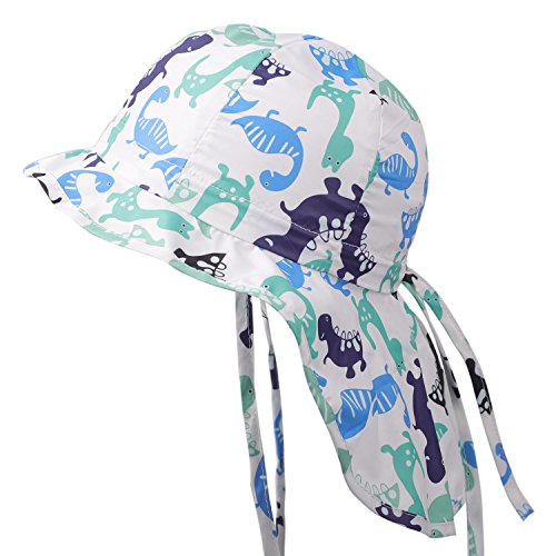Flammi Baby/Toddler Flap Sun Hat with Chin Strap Adjustable Cartoon Dinosaur Printed Hat Cap Sun Protective Swim Hat (6-12 Months, White)