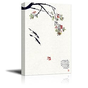 Canvas Wall Art - Flowers on Branch with Fish Swimming in The Pond - Giclee Print Gallery Wrap Modern Home Art Ready to Hang - 12x18 inches