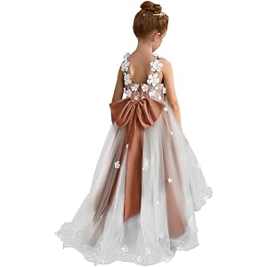 Heornnv 3D Applique Tulle Flower Girl Dress | High-Low Hem, Backless Bow, Lace A-Line Princess Gown, First Communion dresses
