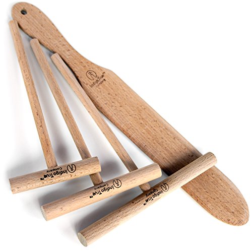 Crepe Spreader and Spatula Set - 4 Piece (7", 5", 3.5" Crepe Spreaders and 14" Crepe Spatula) Convenient Sizes to Fit Any Crepe Pan Maker | All Natural Beechwood Construction From Indigo True Company