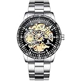 IK Men's Watch Skeleton Automatic Mechanical Wristwatch, Silver Golden Dial Tachymeter Black Stainless Steel Casual Steampunk Watch - Black