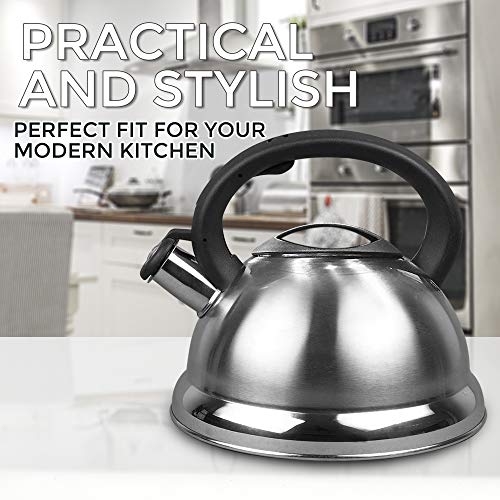 WHISTLING STAINLESS STEEL TEA KETTLE WITH SOFT GRIP HANDLE BY AMERICAN DREAM- STOVETOP POT (3.2 QT, Stainless Steel)