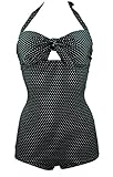 Cocoship 50s Retro Polka Dot Black Navy Blue Vintage One Piece Monokinis Halter Swimsuit(FBA)