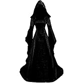 Medieval Victorian Dress for Women,Vintage Witch Halloween Renaissance Costumes Velvet Vampire Hooded Gothic Cosplay Gown