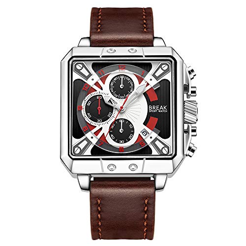 BREAK Leather Strap Watches Men's Chronograph Waterproof Sport Calendar Quartz Watch with Luminous Night Pointer Wristwatches(Brown)