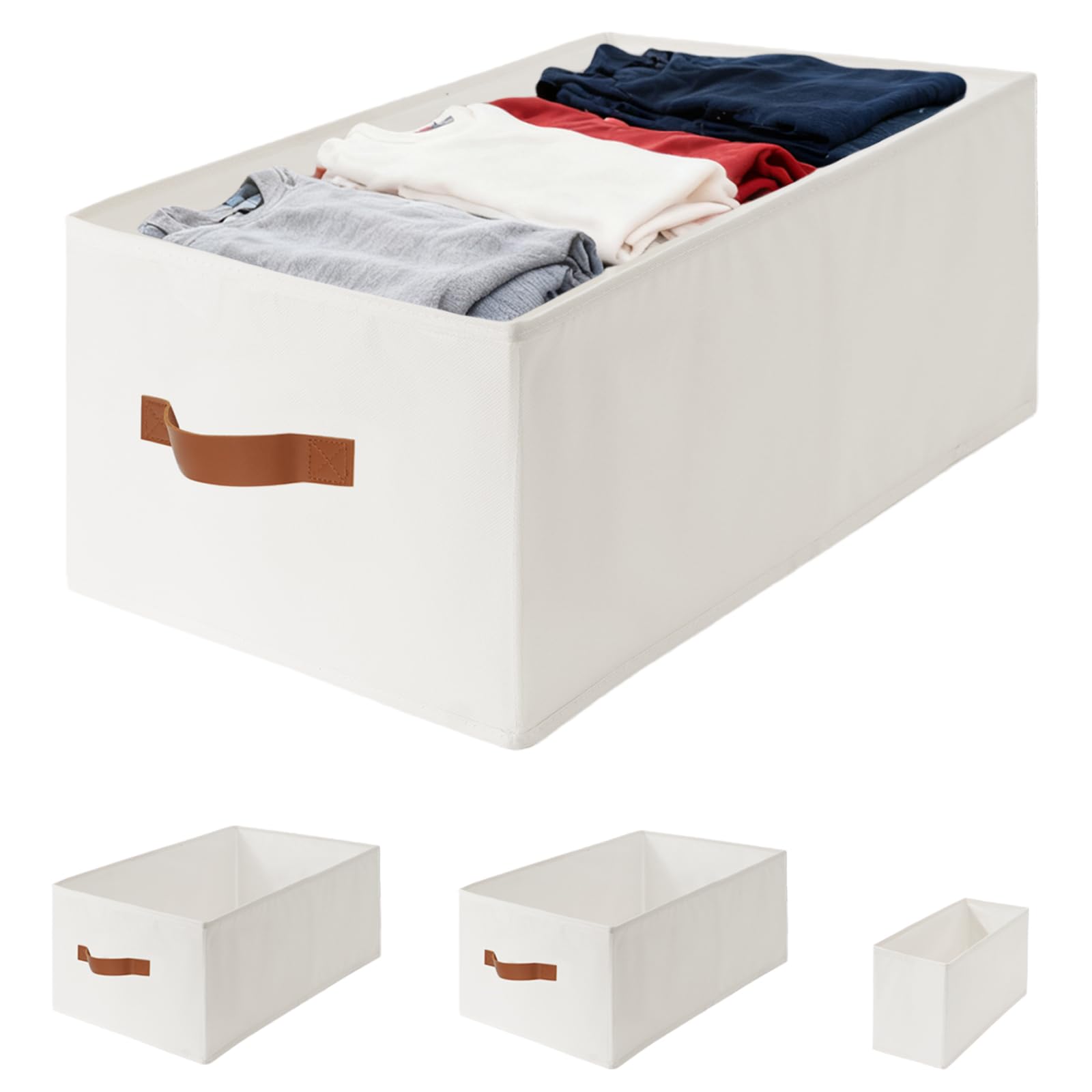 Photo 1 of 4 Pack Large Oxford Fabric Storage Bins, Sturdy Clothes Storage Organizer Baskets with PU Handles, Closets Organizers and Storage, Foldable White Storage Box with Small Box for Shelf, Clothes, Home