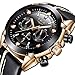 LIGE Watches for Men Sports Chronograph Waterproof Analog Quartz Watch with Black Leather Band Classic Casual Big Face Mens Wrist Watch Gold Black