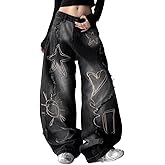 Unisex Y2K Graffiti Baggy Jeans – Vintage Wide Leg Oversized Streetwear Denim Pants with Star Heart Print