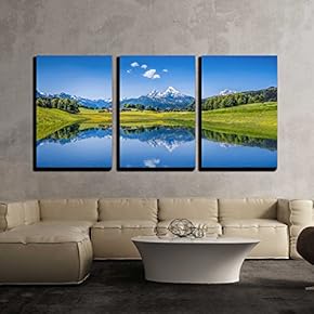 3 Piece Canvas Wall Art - Panoramic View of Idyllic Summer Landscape in The Alps with Clear Mountain Lake - Modern Home Art Stretched and Framed Ready to Hang - 16"x24"x3 Panels