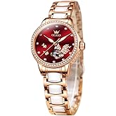 OLEVS Women's Rose Gold Automatic Watches Skeleton Mechanical Ladies Elegant Luxury Wristwatch Diamond Ceramic Band Butterfly Self Winding Dress Watch