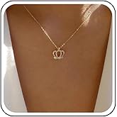 Jugielu Boho Crystal Crown Necklace Choker Gold Queen Crown Chain Necklace Crowns CZ Pendant Necklaces Crowns Rhinestone Necklaces Jewelry for Women