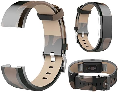 FANSHANG Fitbit Charge 2 Leather Band , Luxury Premium Replacement Genuine Leather Band Strap For Fitbit Charge 2 6"~8.2" ,with gift box (Camouflage)