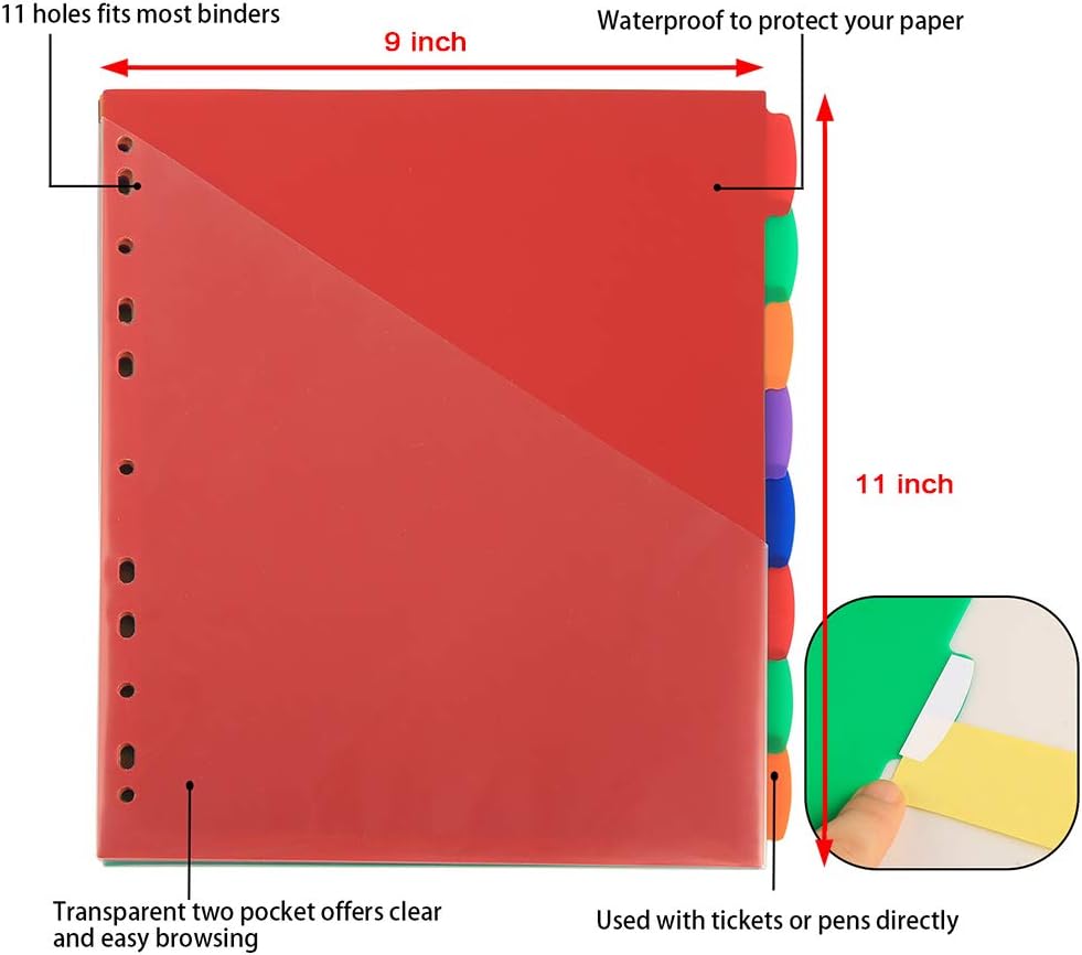 Binder Dividers with Front Pocket Binder Index Dividers 8-Tab Set Pack of 3 Sets Multicolor Tab dividers Plastic Binder Dividers with Tabs : Office Products