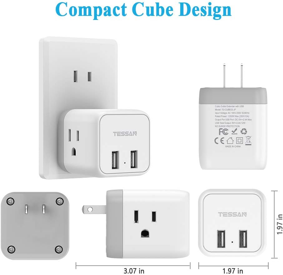 3 Prong to 2 Prong Adapter, TESSAN 3 Outlets with 2 USB Wall Charger, Multi Plug Outlet Extender Splitter, Travel Power Adapter Plug for US to Japan Canada Mexico Philippines - Type A - - 