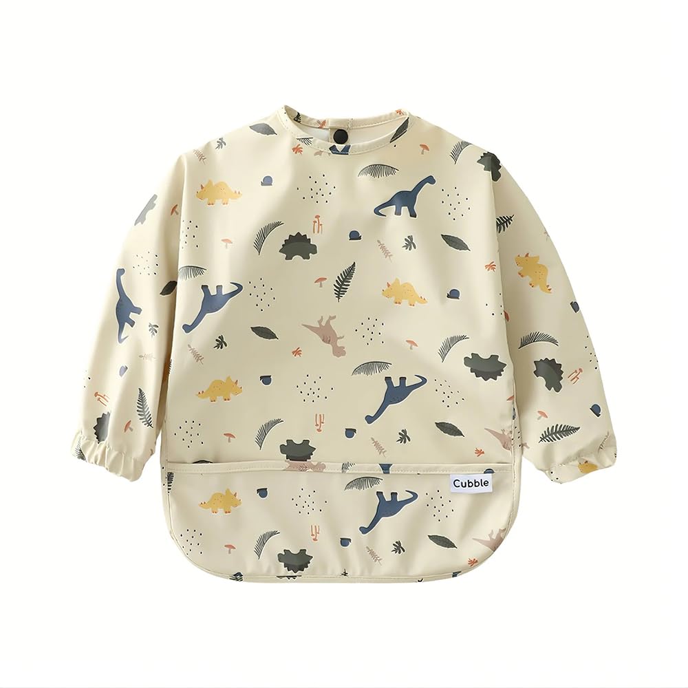 Cubble Waterproof Coverall Baby Feeding Bibs for Mealtimes and Messy Play, Adjustable, Baby Weaning (Dinosaurs/Beige, Small (6-12M))