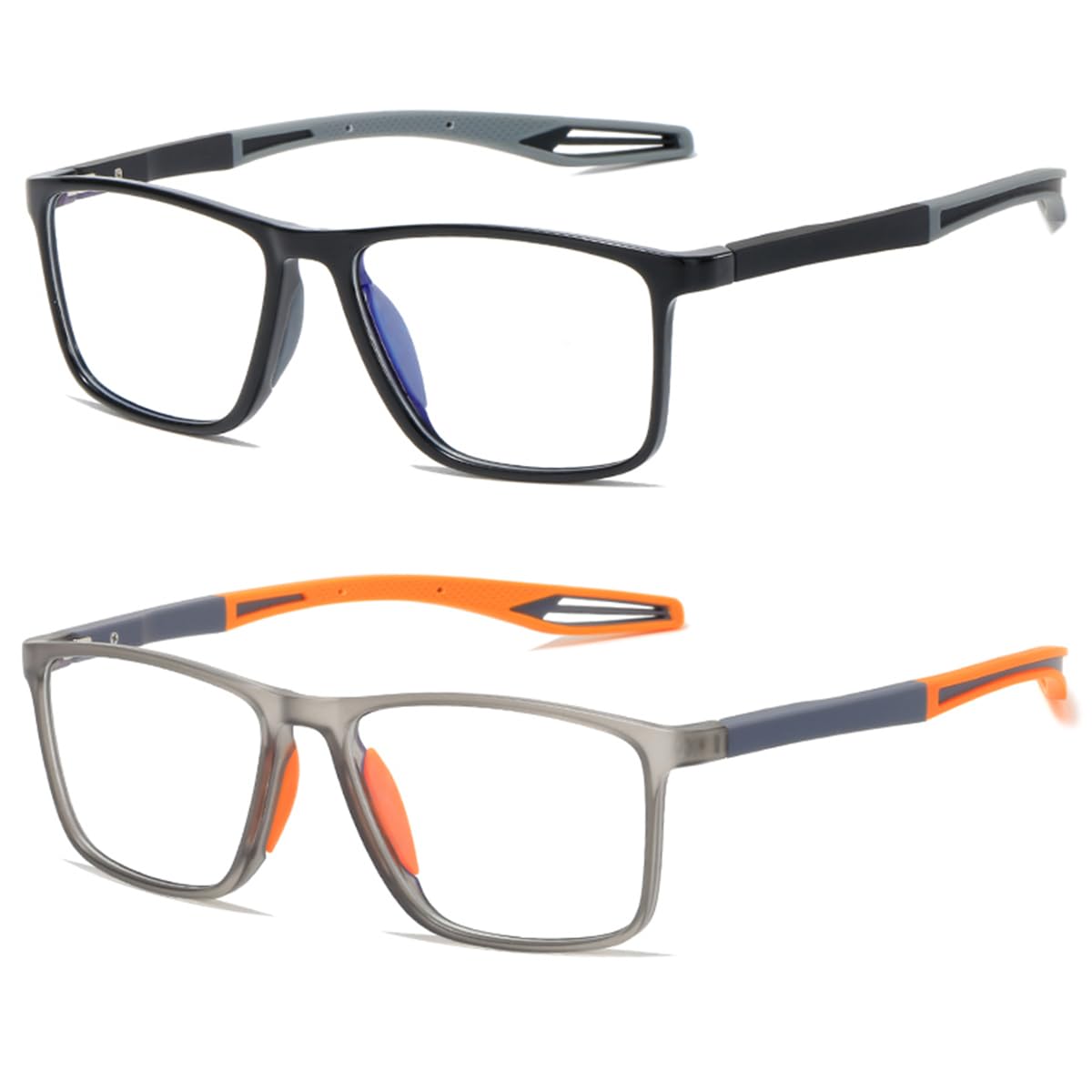 ZUVGEES 2 Pack TR90 Square Sports Reading Glasses for Men and Women(2 Pairs(Black+Gray&Orange),2.00)