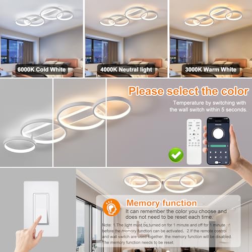 Modern LED Ceiling Light, 48W 3000K-6500K, 4 Rings Round Design Bedroom Lighting, Interior Decorative Light with Remote Control APP Dimmable, Chandelier Lamp for Living Room, Office, Kitchen, Hallway