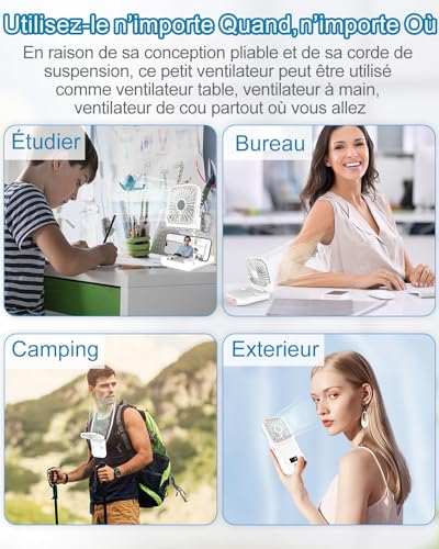 DDKJ Portable Folding Hand Fan 180° - Powerful 4000mAh Battery | Up to 8 Hours | LED Display Battery Levels & Speeds | Neck Cord for Office Travel Outdoor Children & Adults