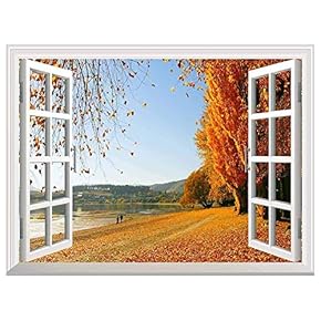 Autumn Golden Fallen Leaves Open Window Mural Wall Sticker - 24"x32"
