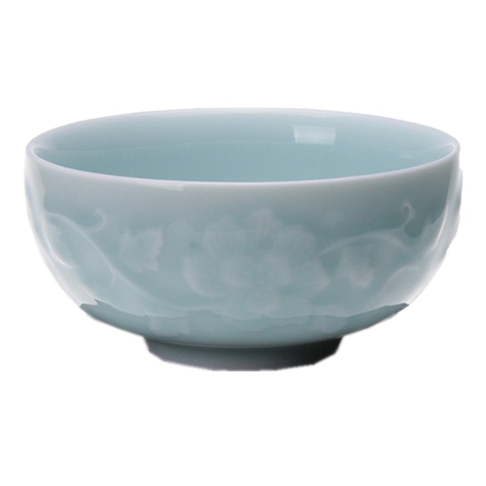 Photo 1 of Chinese Rice Bowl 10oz Celadon Dinnerware Engraved Peony 4.5Inch Porcelain(1, Sky Blue)