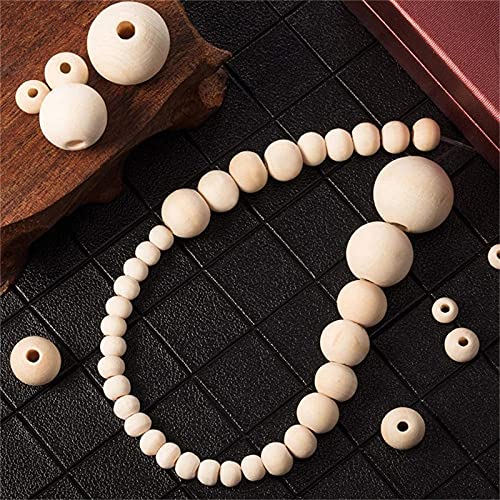 Wood Beads for Crafts, Wooden Beads Natural Beads, 8 Sizes of Unfinished Wooden Beads, DIY Handmade Decoration, Jewelry Crafts (6, 8, 10, 12,14,16,18, 20mm)，with 8Pcs Cotton Thread (490) (WHJFZN001)