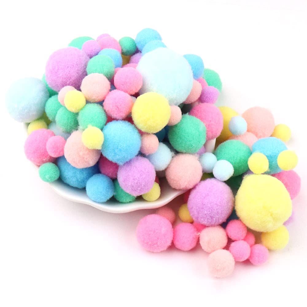 Duories 135 Colourful Pompoms for Crafts,10-30mmmini Pompoms Balls Small Pompoms Balls Fluffy Colourful Pom Pom Decoration Pompom Plush Balls Craft Accessories for DIY Crafts Pink Blue Green Yellow