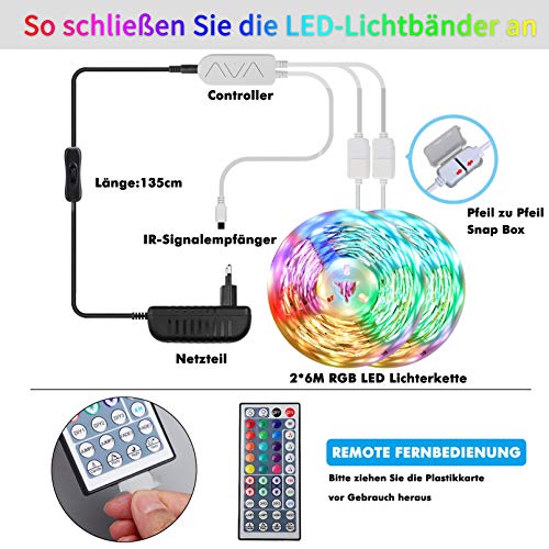 Morfone LED Strip 12M LED Streifen 5050 RGB, APP-Steuerung Bluetooth Musikalische Lichtband mit 44 Tasten Fernbedienung, 360 Leds 12V Netzteil LED Band für TV, Haus, Party, Bar Dekoration (2x6M)