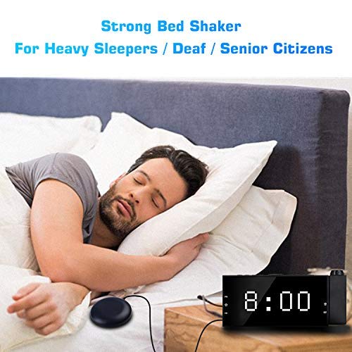 OnLyee Projection Ceiling Wall Clock, Alarm Clock, 7" LED Digital Desk/Shelf Clock with Dimmer, USB Charging, AC Powered (White-Projection Clock with Bed Shaker)