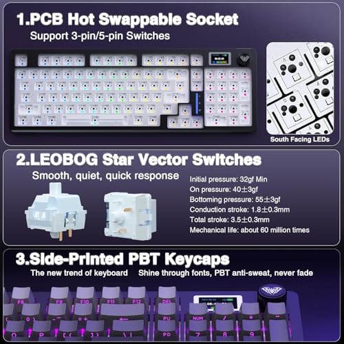 AULA S98 Pro Gaming Keyboard Wireless Mechanical Creamy Keyboard with Screen & Knob, 2.4GHz/USB-C/BT5.0 Hot Swappable, Pre-lubed Linear Switches,Side Printed PBT Keycaps,RGB Backlit Bluetooth Keyboard